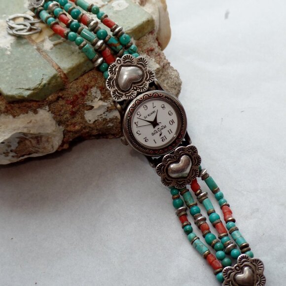 Peyote Bird Santa Fe Wrist Watch Sterling Turquoise and coral - Picture 12 of 13